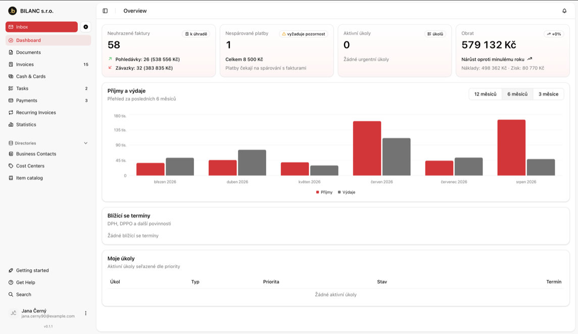 Klientský dashboard BILANC s fakturami, termíny a úkoly