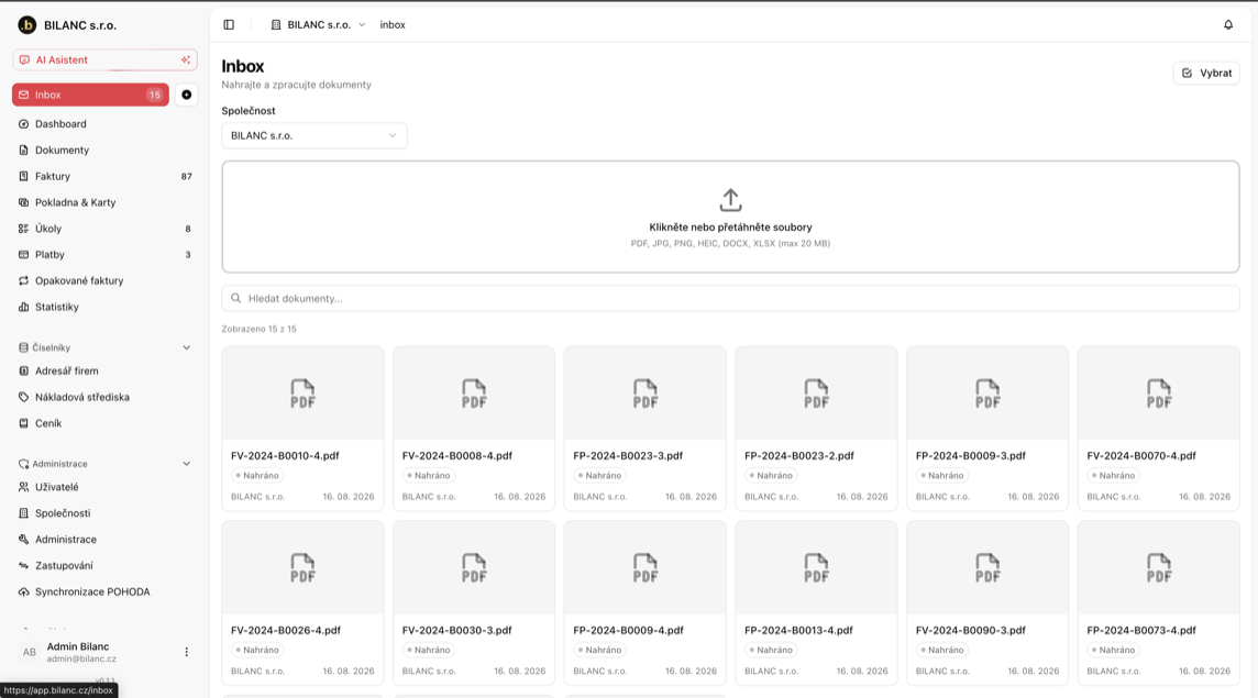 Inbox BILANC s nahranými klientskými doklady připravenými ke zpracování