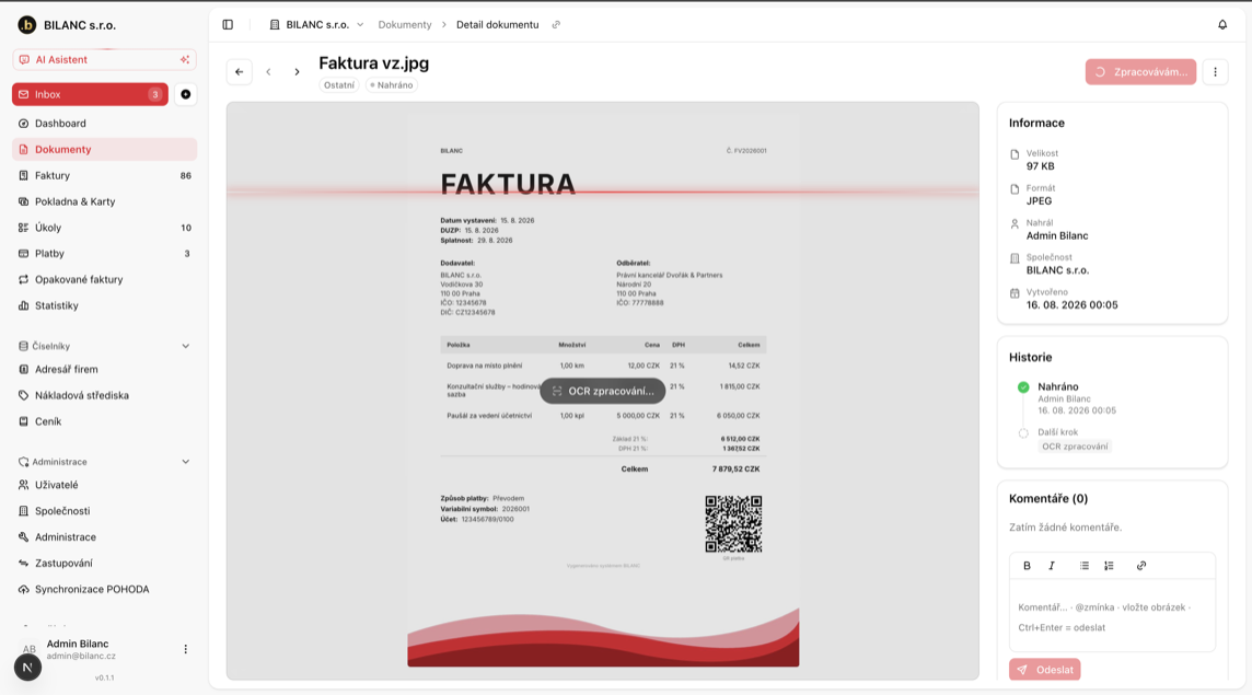 Detail dokladu v BILANC s probíhajícím OCR vytěžováním faktury