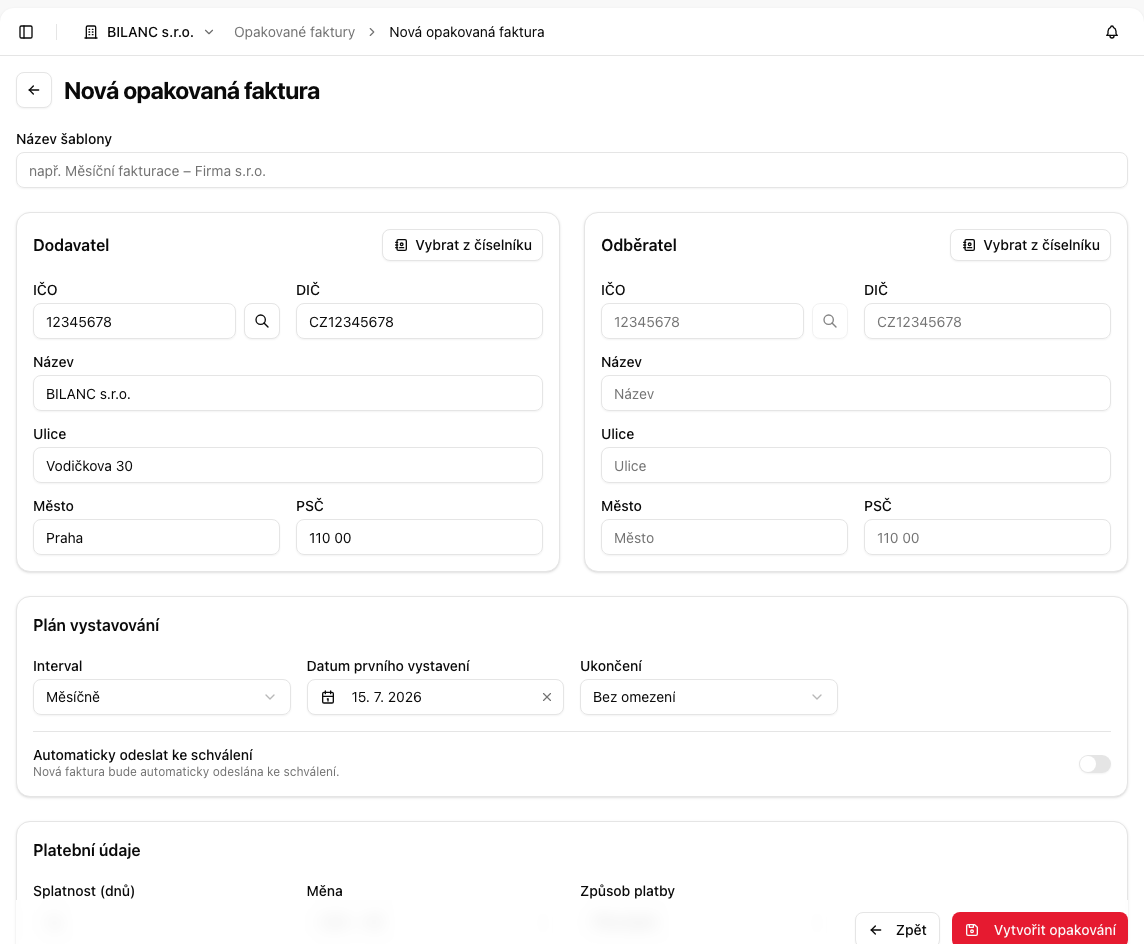 Přehled opakovaných faktur s intervaly a stavem generování